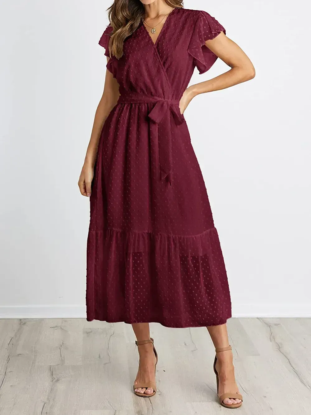 Women Summer Bohemian Floral Casual Wrap V Neck Ruffle Cap Sleeveless Belt A-Line Pleated Hem Swing Midi Sun Dress